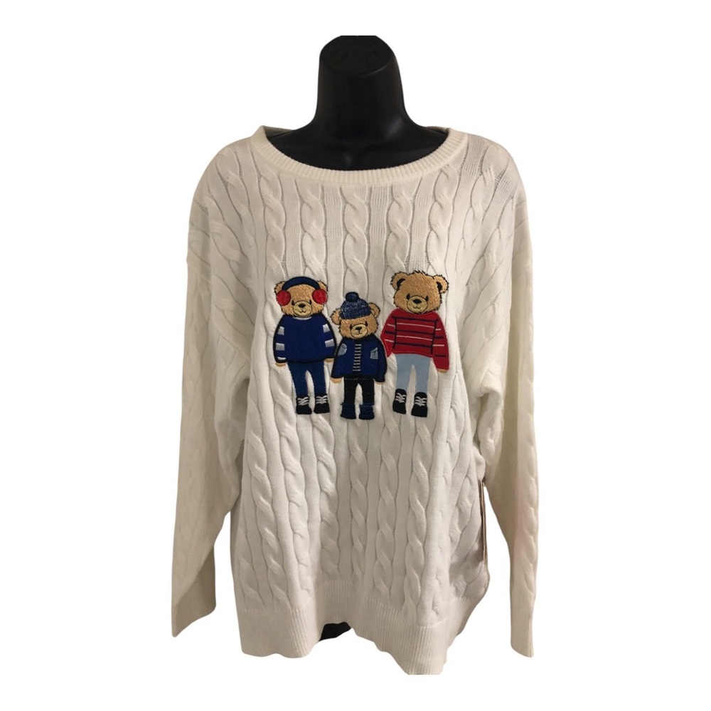 Off white Teddy bear trio embroidered cable knit style sweater size‎ large new